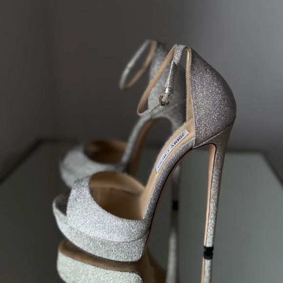 EUC Jimmy Choo Max 150 Metallic Silver Glitter Fabric Platform Stiletto Sandals - Picture 6 of 15